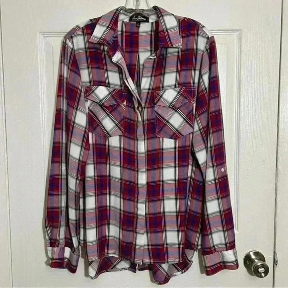 SAM EDELMAN Red, White, and Blue Plaid Woman Button Down | size Large - Picture 1 of 13
